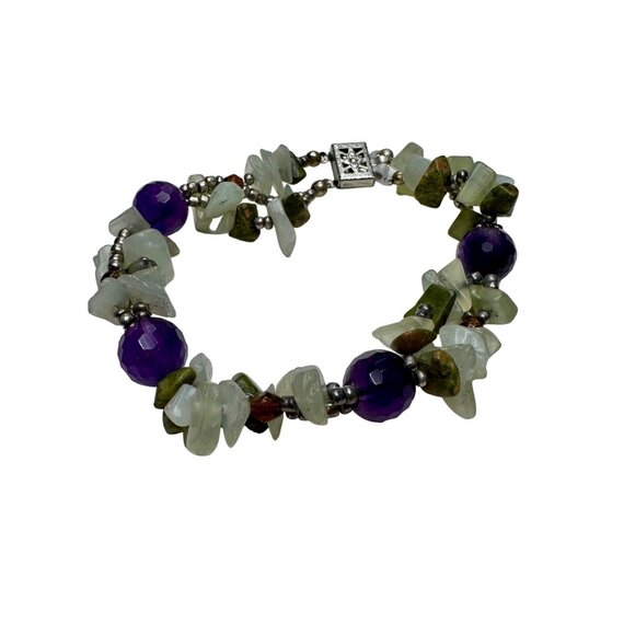 Bracelet Women 7.5" Purple White Green Stone Chips Box Clasp Chunky Boho Jewelry - Picture 2 of 10